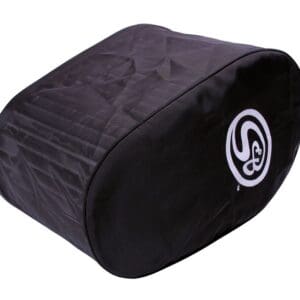 Black motorcycle seat cover with logo.