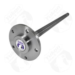 Axle shaft with circular flange and logo.