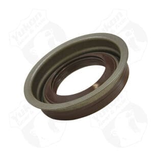 Metal automotive axle seal, brown and green.